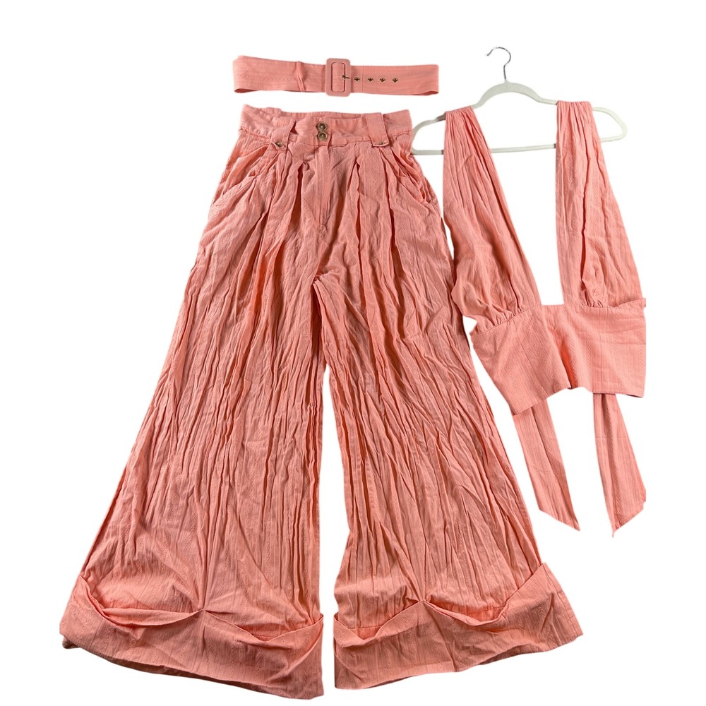 Free People 2 Piece Set Peach Coral Wide Leg Pants Halter Top Belted Size 8